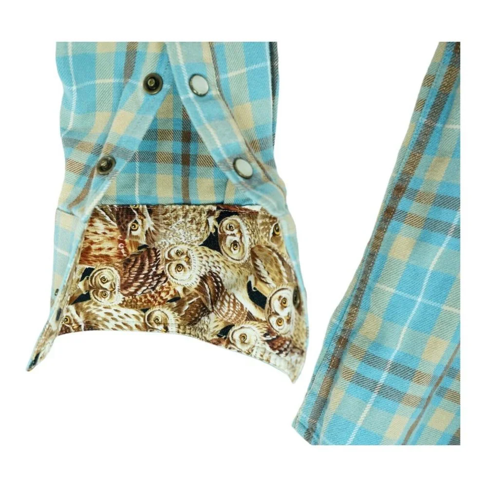 Cockpit USA Plaid Shirt Mens‎ Large L Blue Plaid Button Up Owl Print